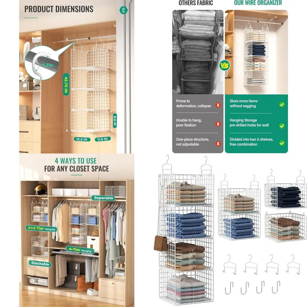 Подвесной органайзер для шкафа, 4-ярусный металлический органайзер для хранения с 4 подвесными крючками и 4 S-образными крючками для гардеробной или прачечной, Wi
Подвесной органайзер для шкафа, 4-ярусный металлический органайзер для хранения с 4 подвесными крючками и 4 S-образными крючками для гардеробной или прачечной, Wi