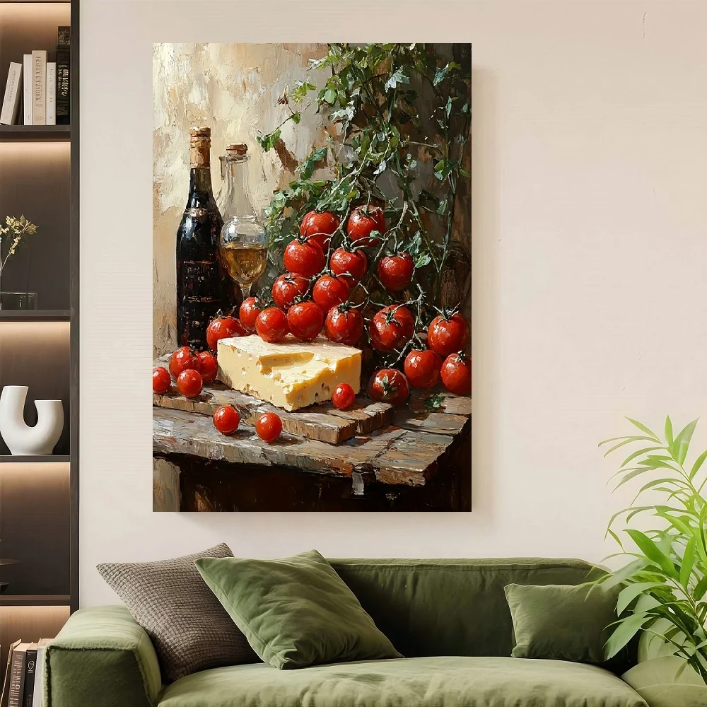 Framed 1pc Framed Canvas Print - Vibrant Tomatoes, Cheese & Wine Still Life Art - Kitchen Wall Decor with Rustic Brick Backgroun
Framed 1pc Framed Canvas Print - Vibrant Tomatoes, Cheese & Wine Still Life Art - Kitchen Wall Decor with Rustic Brick Backgroun