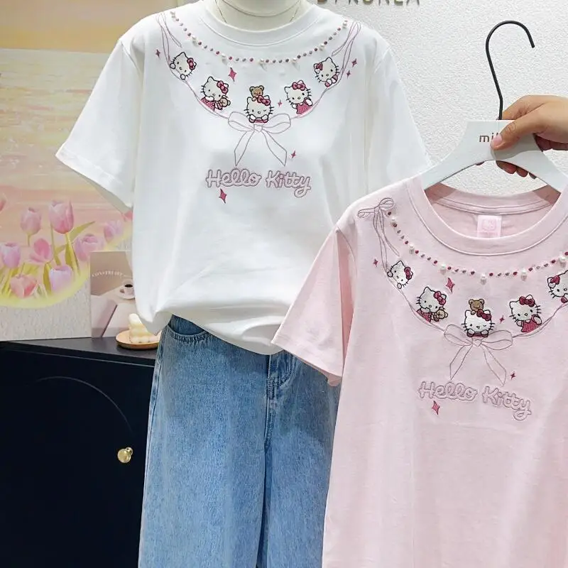Pure Cotton Short-Sleeved Hello Kitty Sweet Embroidered T-Shirt Beaded Round Neck Tops Soft Cute Girl Ins College Style Loose
Pure Cotton Short-Sleeved Hello Kitty Sweet Embroidered T-Shirt Beaded Round Neck Tops Soft Cute Girl Ins College Style Loose