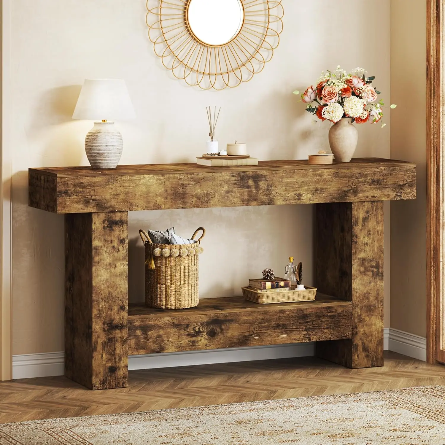 63in Farmhouse Console Table with Open Storage for Entryway Living Room Hallway, Customized
63in Farmhouse Console Table with Open Storage for Entryway Living Room Hallway, Customized