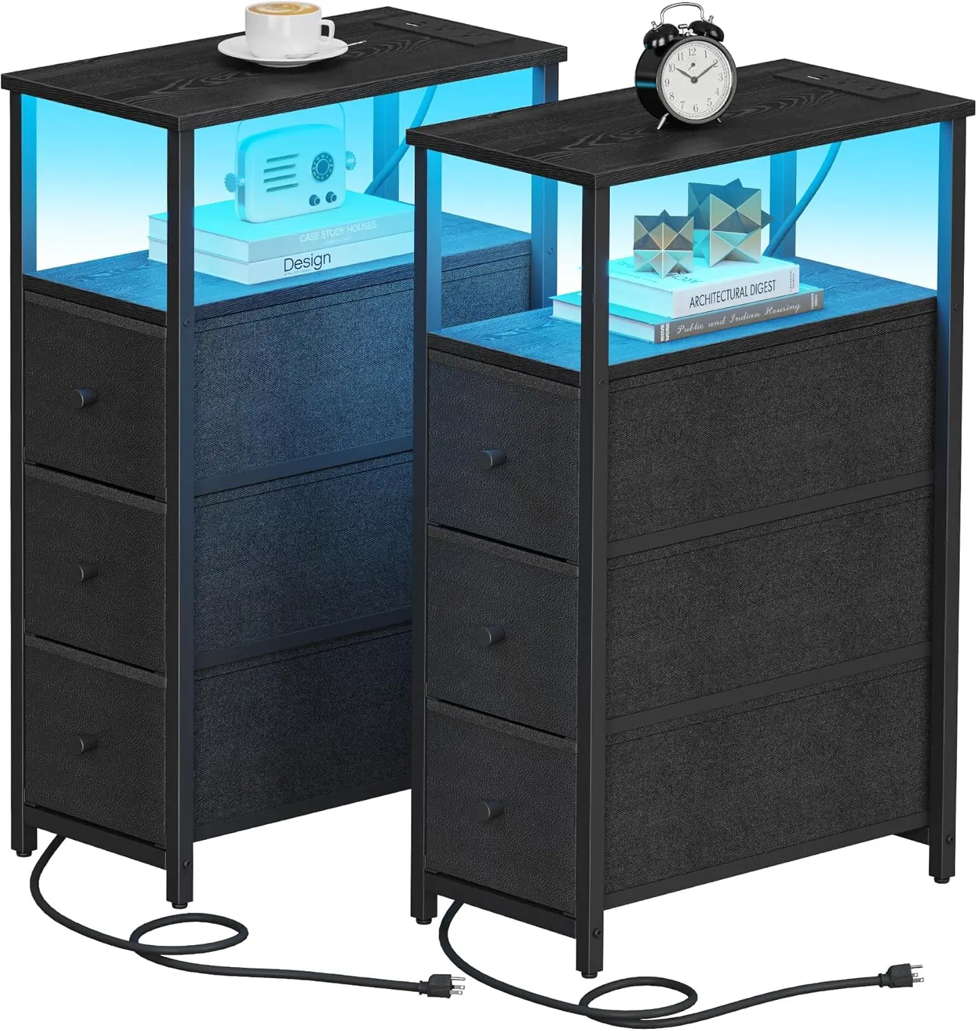 Narrow LED Night Stand with Charging Station, Slim End Table with 3 Fabric Drawers, Set of 2, Black
Narrow LED Night Stand with Charging Station, Slim End Table with 3 Fabric Drawers, Set of 2, Black