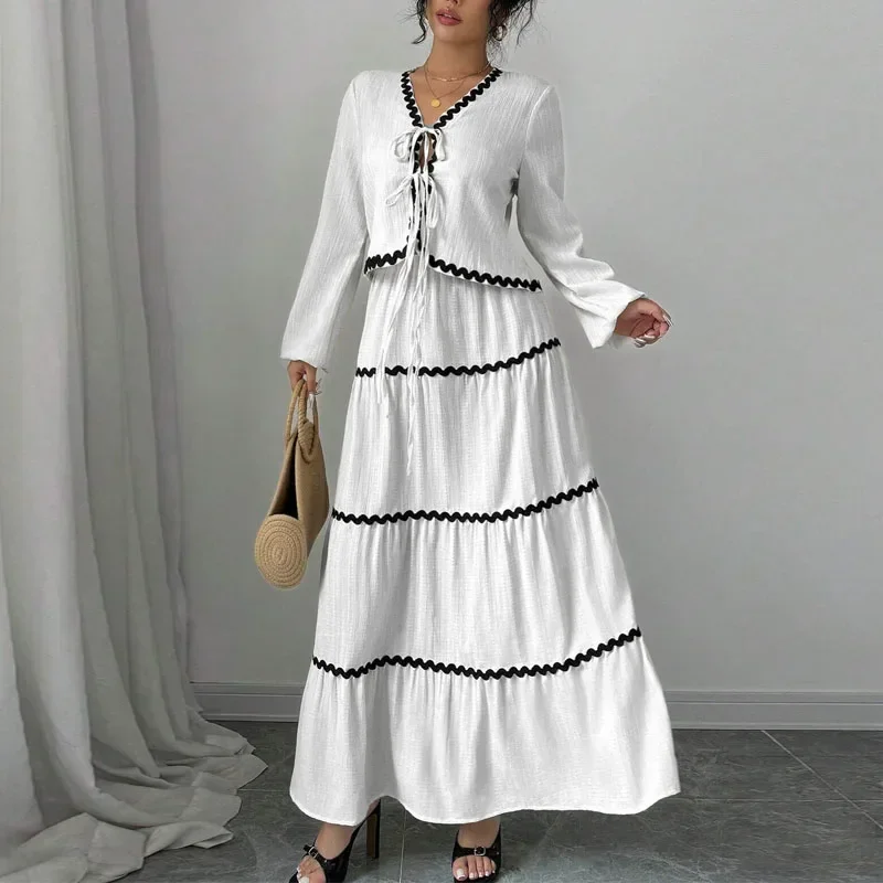 Skirts Set for Women New Long Sleeve V-Neck Women Skirt Set White Lace-up A-LINE Long Tow Piece Sets Womens Outfits 2025 Q347 
Skirts Set for Women New Long Sleeve V-Neck Women Skirt Set White Lace-up A-LINE Long Tow Piece Sets Womens Outfits 2025 Q347