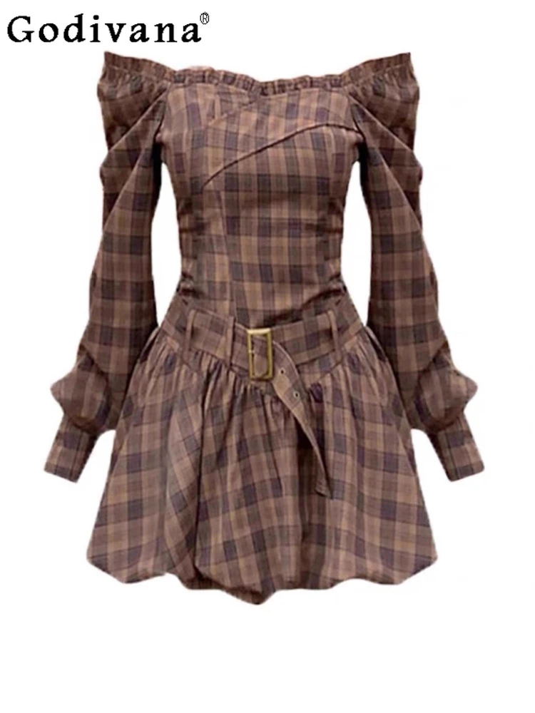 Retro Slash Neck Long Sleeve Khaki Plaid High Waist Dresses Women's Spring Autumn Off-the-shoulder A-line Age-reducing Dress
Retro Slash Neck Long Sleeve Khaki Plaid High Waist Dresses Women's Spring Autumn Off-the-shoulder A-line Age-reducing Dress