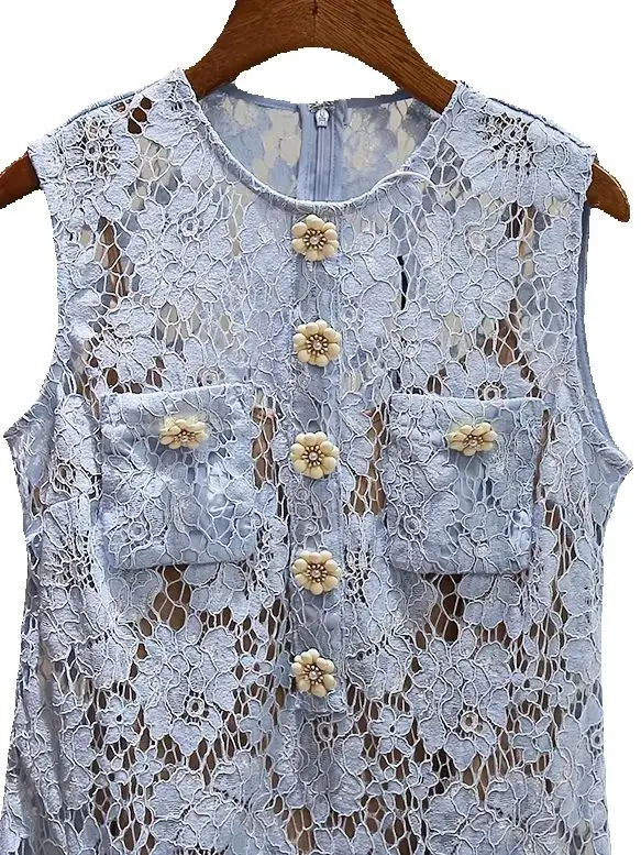 Spring/Summer Women O-Neck Sleeveless Lace Floral Buttons Embroidery Hollow Mini Dress High Waist A-line Pinafore Dress
Spring/Summer Women O-Neck Sleeveless Lace Floral Buttons Embroidery Hollow Mini Dress High Waist A-line Pinafore Dress
