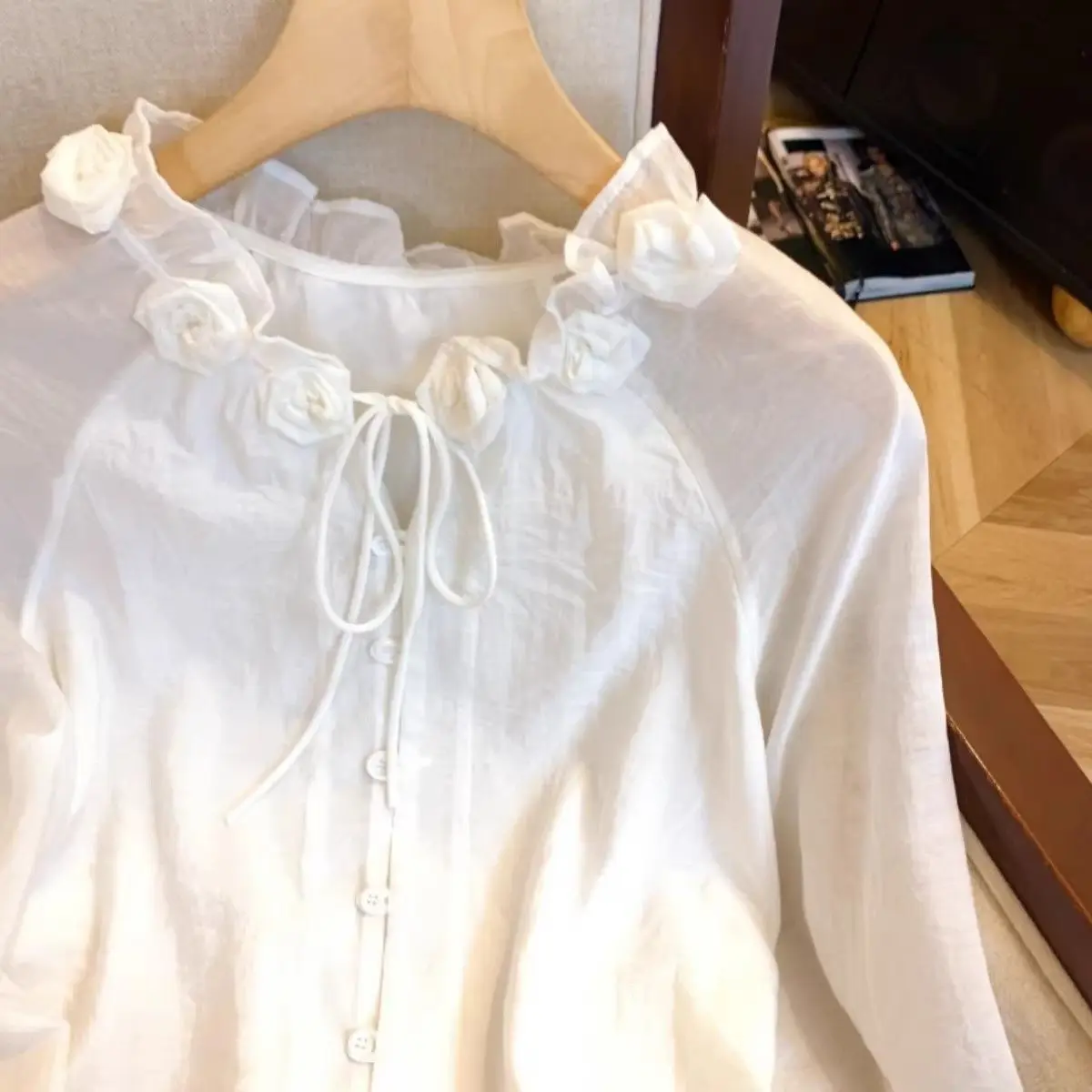 New Korean Three Dimensional Flower Collar Tie Shirt Causal Long Sleeve Top
New Korean Three Dimensional Flower Collar Tie Shirt Causal Long Sleeve Top