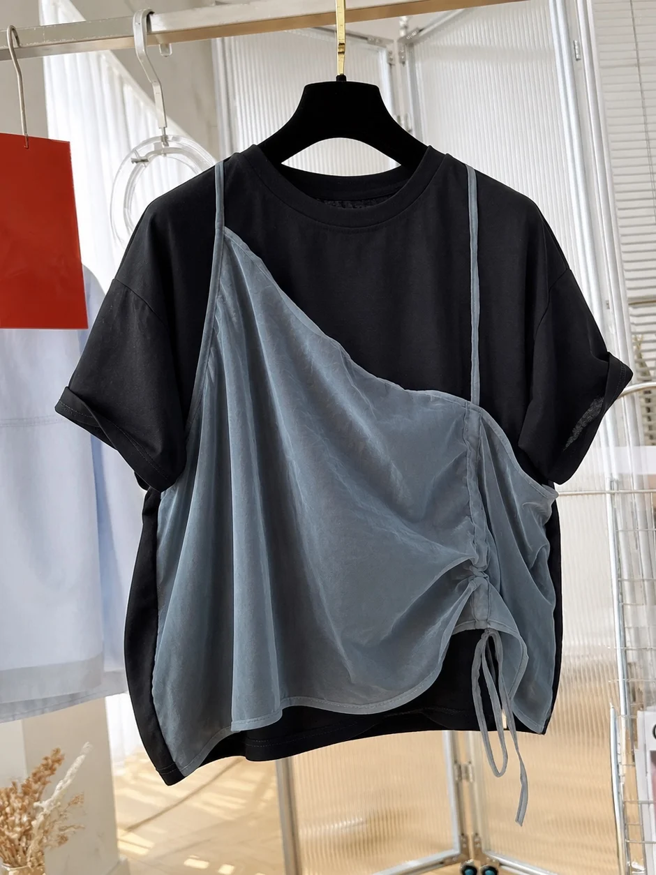 Gray Unique Fake Two-Piece Women's T-Shirt Short Sleeve Loose Summer Top Casual Fashion High Street Style round Neck Design
Gray Unique Fake Two-Piece Women's T-Shirt Short Sleeve Loose Summer Top Casual Fashion High Street Style round Neck Design
