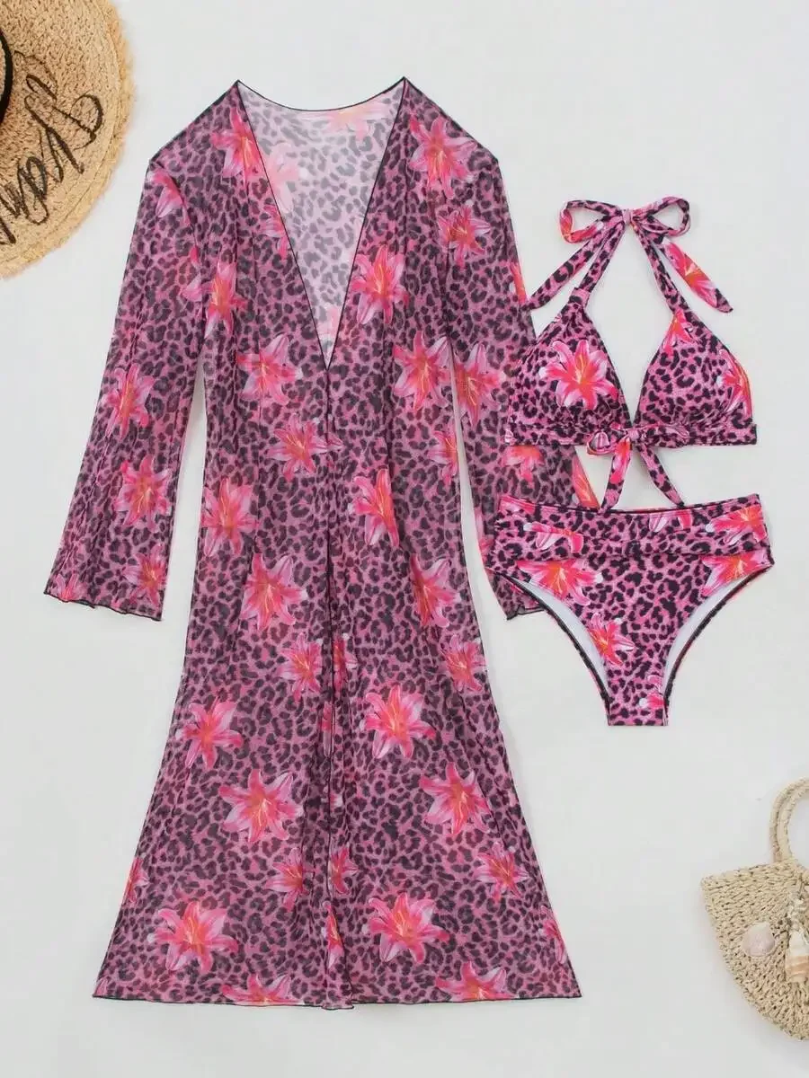 Womens 3-Piece Leopard Floral Print Bikini Set With Long Sleeve Sheer Kimono Cover-Up
Womens 3-Piece Leopard Floral Print Bikini Set With Long Sleeve Sheer Kimono Cover-Up