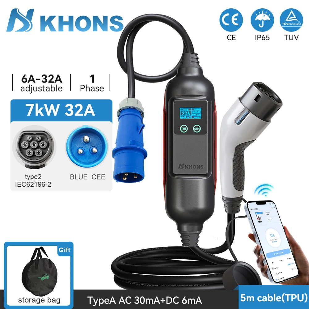 Khons 7KW Type2 Портативное зарядное устройство для электромобиля 32A Быстрая зарядка Зарядное устройство для электромобиля с кабелем APP 5 м
Khons 7KW Type2 Портативное зарядное устройство для электромобиля 32A Быстрая зарядка Зарядное устройство для электромобиля с кабелем APP 5 м