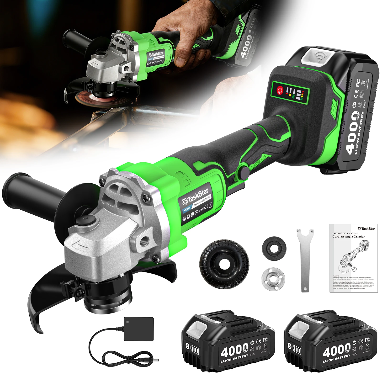 TaskStar 21V Cordless Angle Grinder 115mm 10000RPM 2×4.0Ah Batteries Brushless US Plug Electric Grinding Tool for Metal Cutting
TaskStar 21V Cordless Angle Grinder 115mm 10000RPM 2×4.0Ah Batteries Brushless US Plug Electric Grinding Tool for Metal Cutting