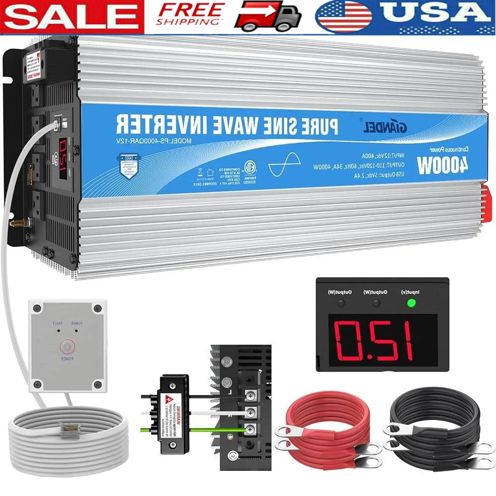 4000W Pure Sine Wave Inverter ETL UL458 12V to 120V AC 4 AC Outlets Hardwire Terminal USB RV Solar
4000W Pure Sine Wave Inverter ETL UL458 12V to 120V AC 4 AC Outlets Hardwire Terminal USB RV Solar