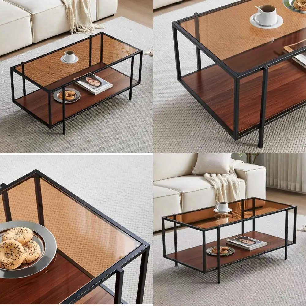 Modern Dual-Layer Glass Coffee Table with Black Metal Frame for Living Room, Brown Glass Top
Modern Dual-Layer Glass Coffee Table with Black Metal Frame for Living Room, Brown Glass Top