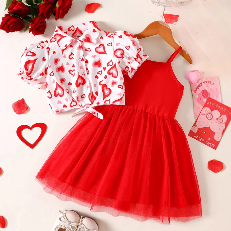 Girls' Valentine's Day Heart-Themed Summer Outfit Set Fashionable Tie-Dye Shirt+Children's mesh suspender dress
Girls' Valentine's Day Heart-Themed Summer Outfit Set Fashionable Tie-Dye Shirt+Children's mesh suspender dress