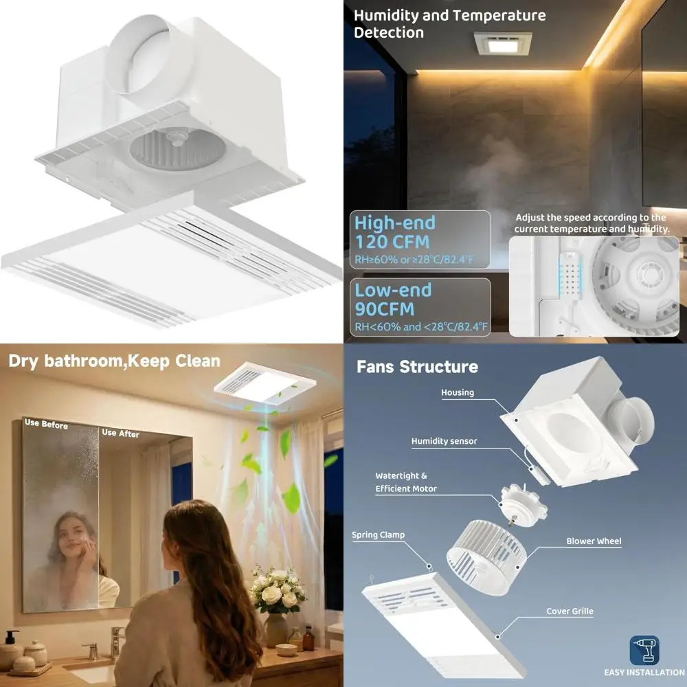 9.8 LED Light with Humidity Sensor, Auto-Speed Bathroom Exhaust Fan, 120 CFM, 4 Duct for Home Ceiling
9.8 LED Light with Humidity Sensor, Auto-Speed Bathroom Exhaust Fan, 120 CFM, 4 Duct for Home Ceiling