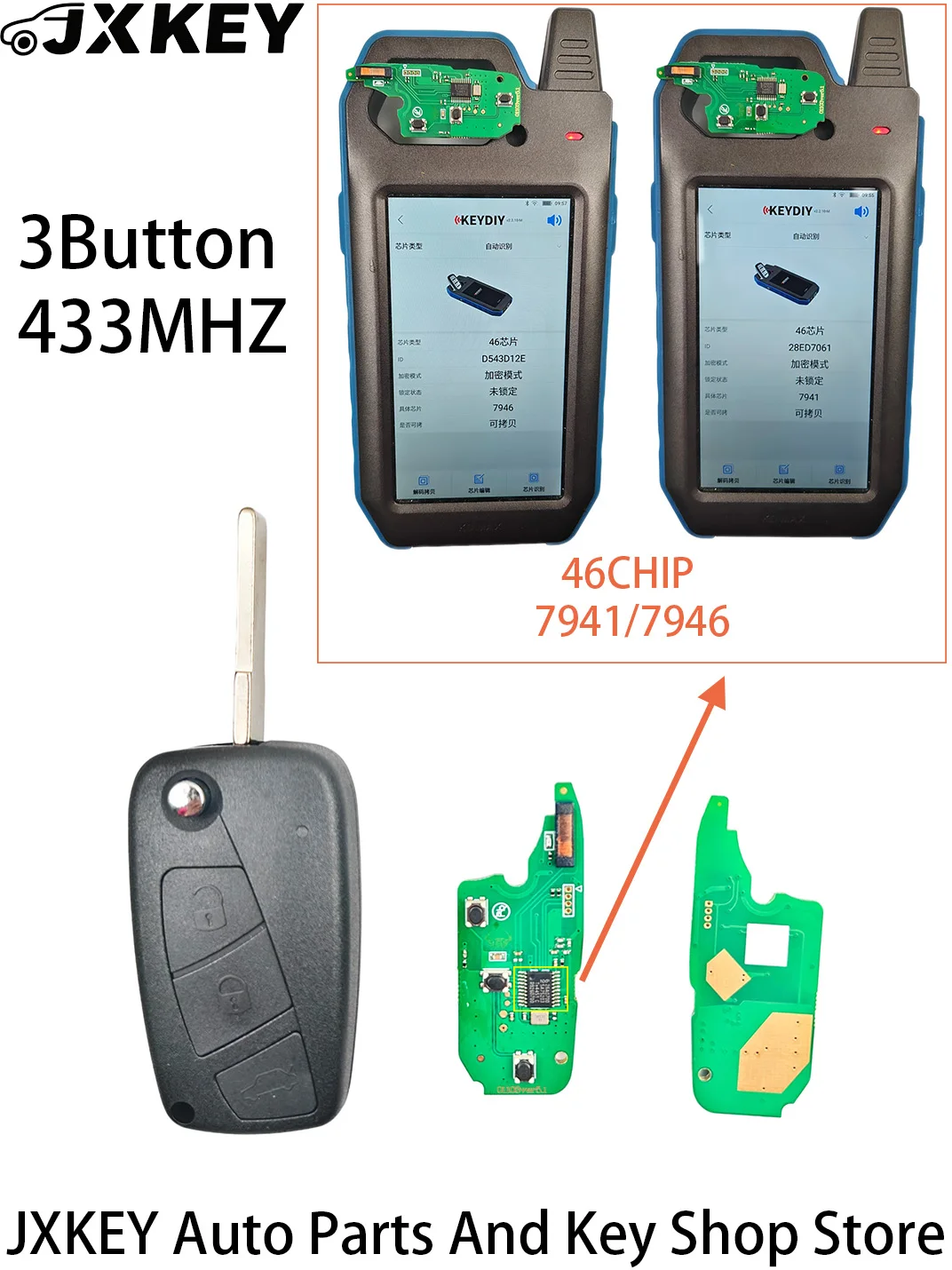 Three-button folding remote car key suitable for Fiat models, 46 chip - 7941 or 7946, car key frequency 433MHz
Three-button folding remote car key suitable for Fiat models, 46 chip - 7941 or 7946, car key frequency 433MHz
