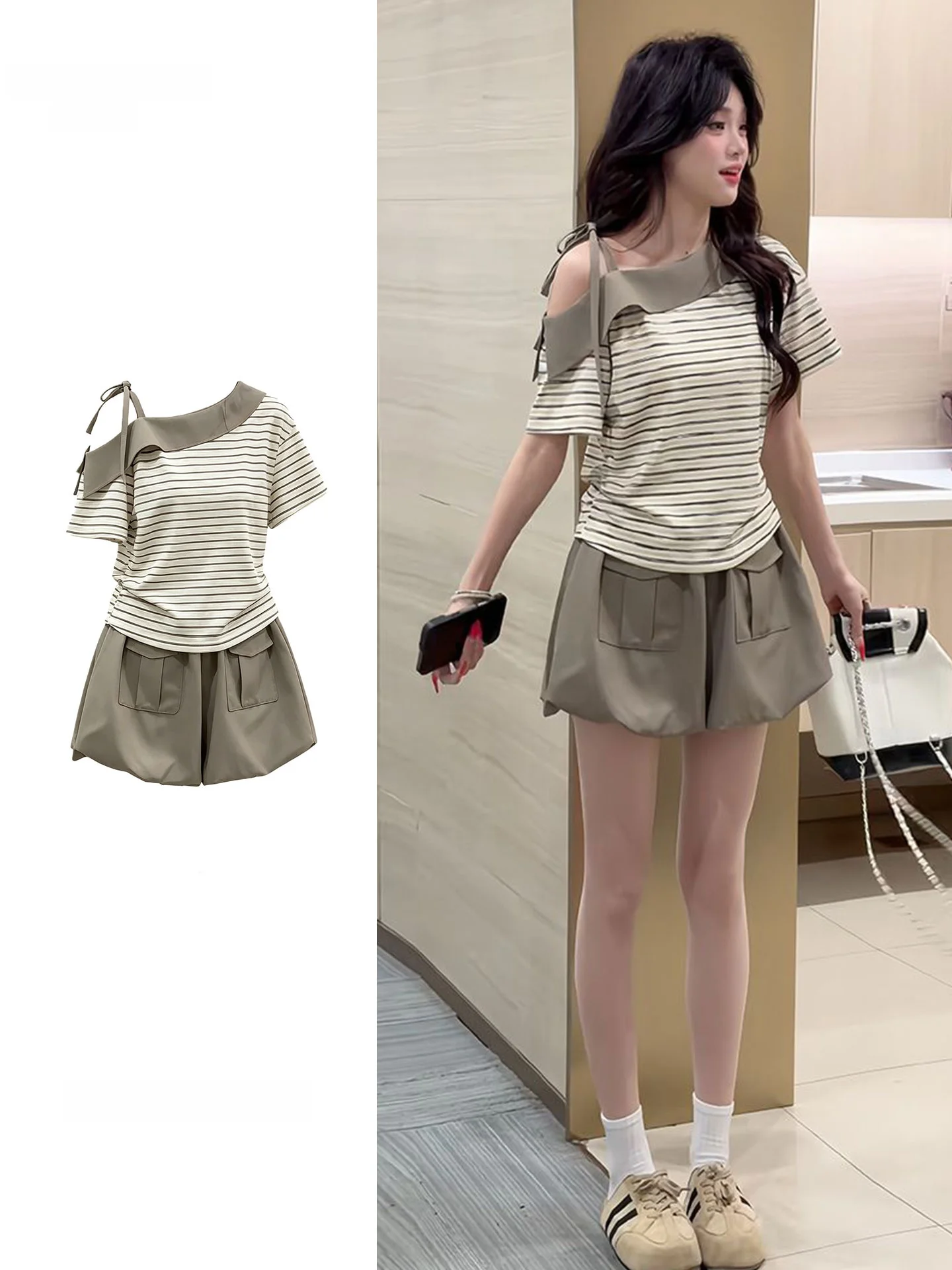 Korean Style Color Block Short Sleeve Shoulder Bared Two-Piece Set High Waist Shorts Breathable Summer Fashion Youthful Design
Korean Style Color Block Short Sleeve Shoulder Bared Two-Piece Set High Waist Shorts Breathable Summer Fashion Youthful Design