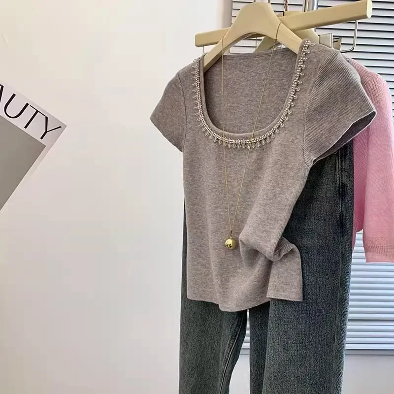 Womens Light Blue Ribbed Knit Short Sleeve Top Square Neck Beaded Collar Casual Blouse
Womens Light Blue Ribbed Knit Short Sleeve Top Square Neck Beaded Collar Casual Blouse