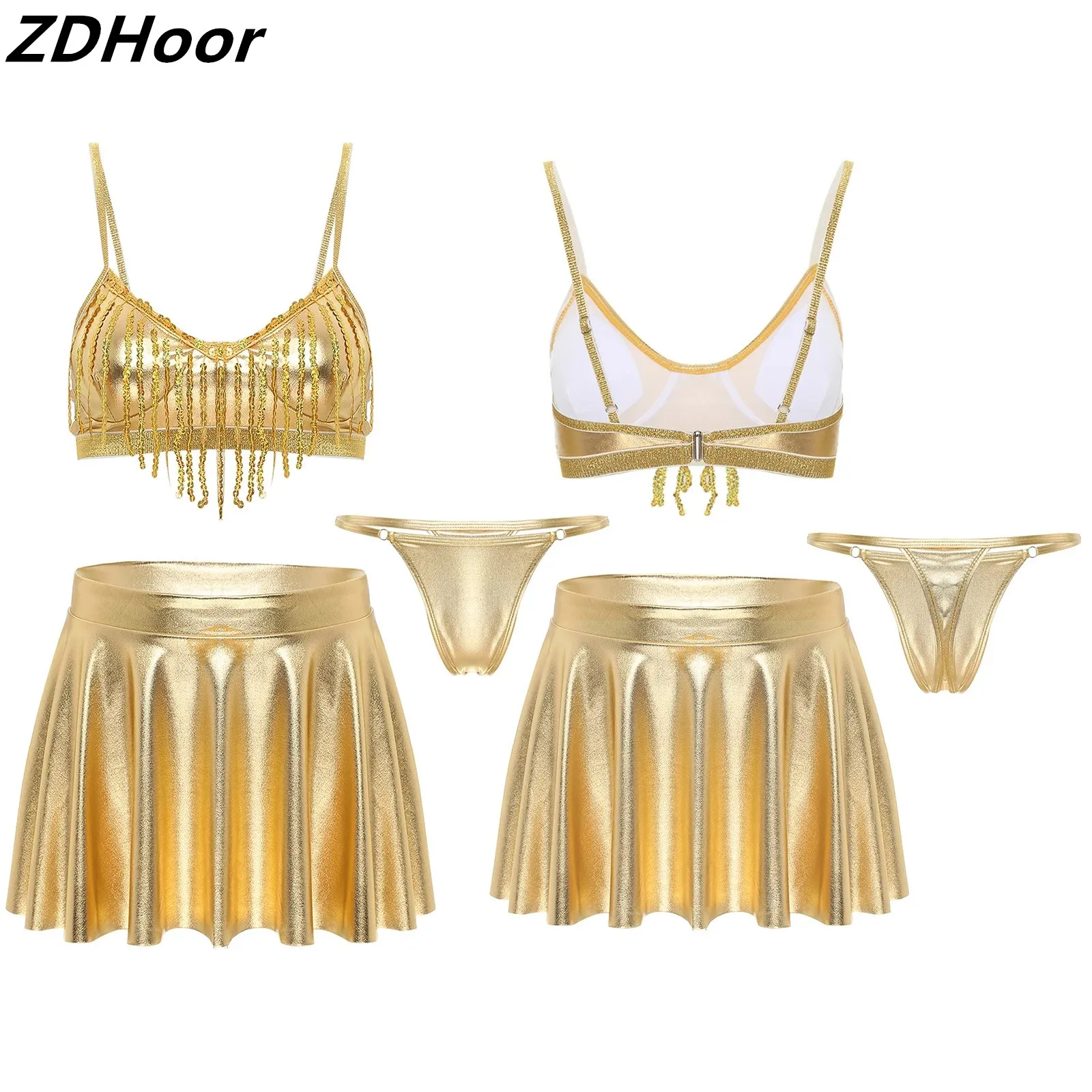 Womens Metallic Shiny Dancing Outfit Sequin Tassel Crop Top A-Line Skater Skirt with T-Back Briefs 3 Piece Bathing Party Suit
Womens Metallic Shiny Dancing Outfit Sequin Tassel Crop Top A-Line Skater Skirt with T-Back Briefs 3 Piece Bathing Party Suit