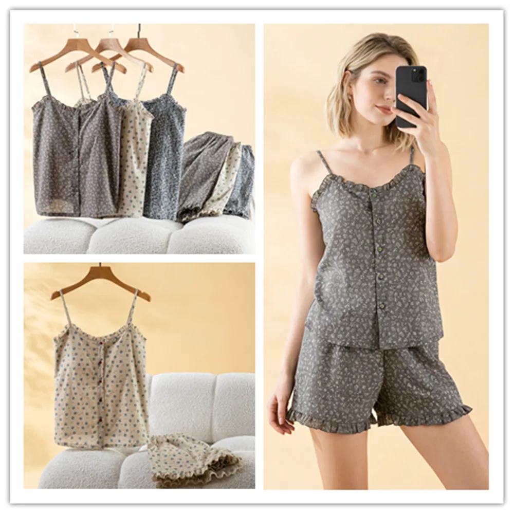 Summer Sling Tops with Chest Pad Femme 2 Pieces Pyjamas Women's V-neck Cotton Print Shorts Ladies
Summer Sling Tops with Chest Pad Femme 2 Pieces Pyjamas Women's V-neck Cotton Print Shorts Ladies