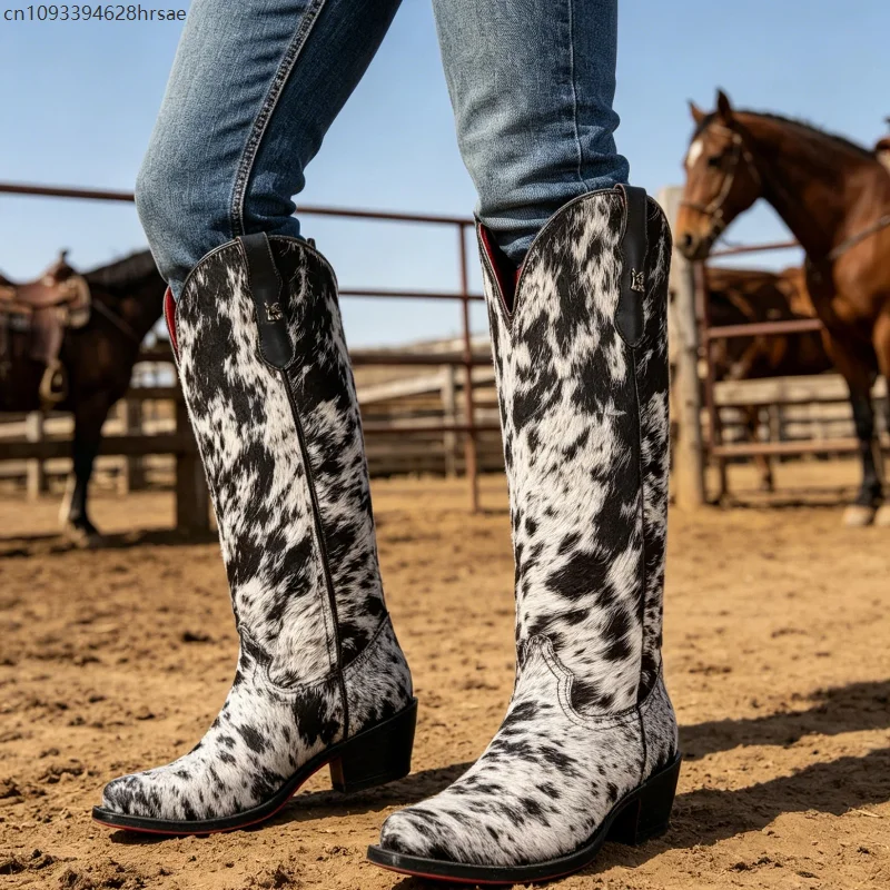 Black White Horse Fur Print Spotted Cosplay Boots Pointed Toe Chunky Heel Knee High Riding Boots Vintage Country Tall Shoes
Black White Horse Fur Print Spotted Cosplay Boots Pointed Toe Chunky Heel Knee High Riding Boots Vintage Country Tall Shoes