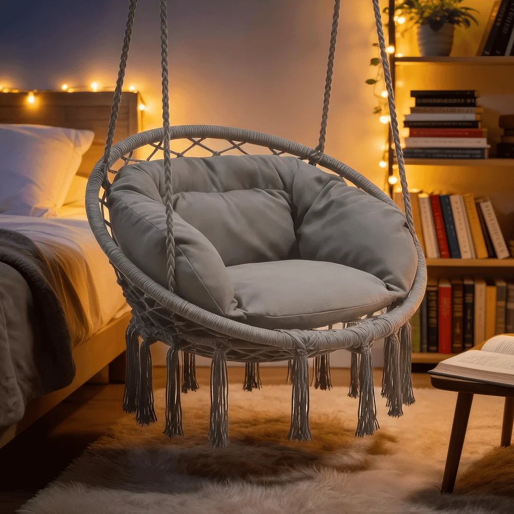 MARIIS Hanging Hammock Chair w/Large Comfy Cushion, Macrame Swing Chair Porch Hammock, Max 350 Lbs Capacity Hanging Swing for Adults & Teens, Backyard Hanging Chair for Relaxing Reading
MARIIS Hanging Hammock Chair w/Large Comfy Cushion, Macrame Swing Chair Porch Hammock, Max 350 Lbs Capacity Hanging Swing for Adults & Teens, Backyard Hanging Chair for Relaxing Reading