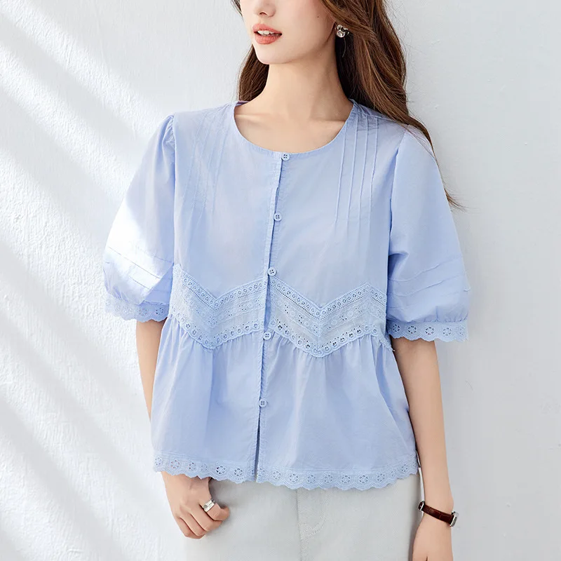 Белая рубашка с круглым вырезом, женская рубашка с коротким рукавом, летний кружевной кружевной дизайн 2025 года, топ с объемными рукавами, рубашка 
Белая рубашка с круглым вырезом, женская рубашка с коротким рукавом, летний кружевной кружевной дизайн 2025 года, топ с объемными рукавами, рубашка