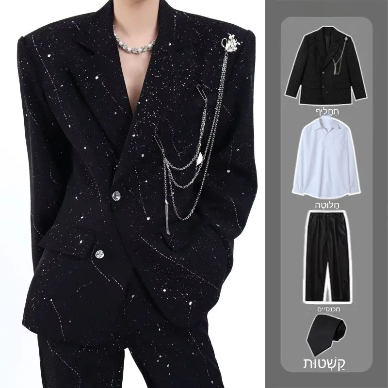 Black Metal Chain Decorated Men's Suit Set Stage Performance Shiny Outfit Jacket Loose Fit Polyester Fiber Youthful Style
Black Metal Chain Decorated Men's Suit Set Stage Performance Shiny Outfit Jacket Loose Fit Polyester Fiber Youthful Style