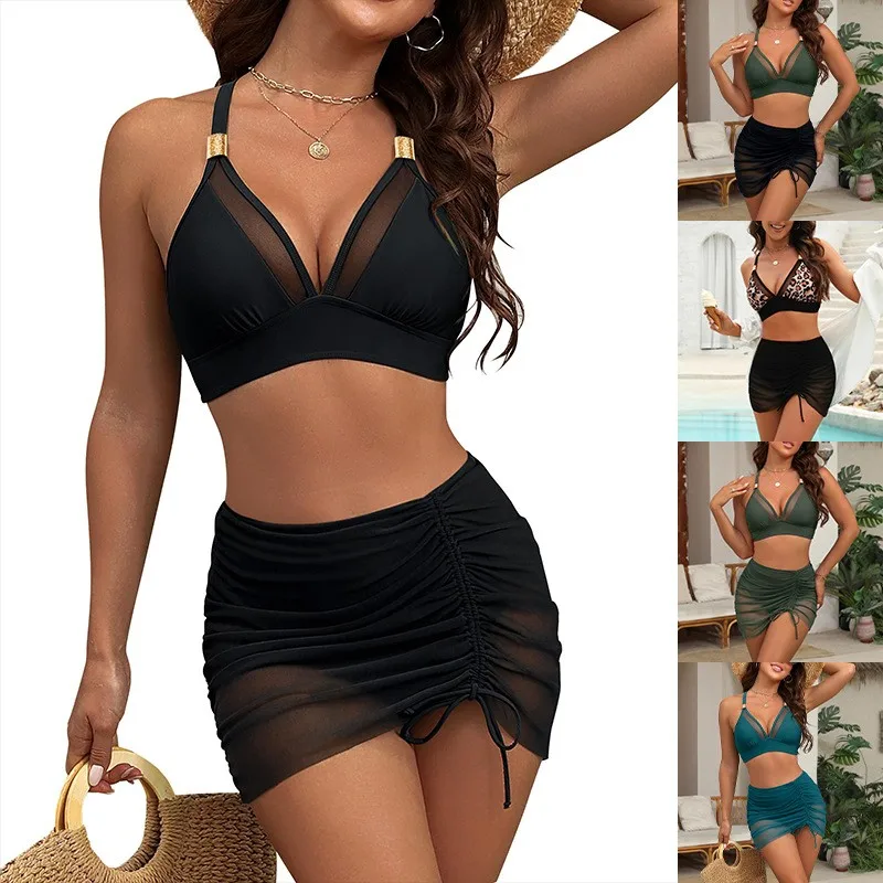 Swimwear 2026 Women's Two-piece High Waist Bikini with Halter Top, Mesh Panel and Ruched Skirt, Black Olive Green Tie Side
Swimwear 2026 Women's Two-piece High Waist Bikini with Halter Top, Mesh Panel and Ruched Skirt, Black Olive Green Tie Side