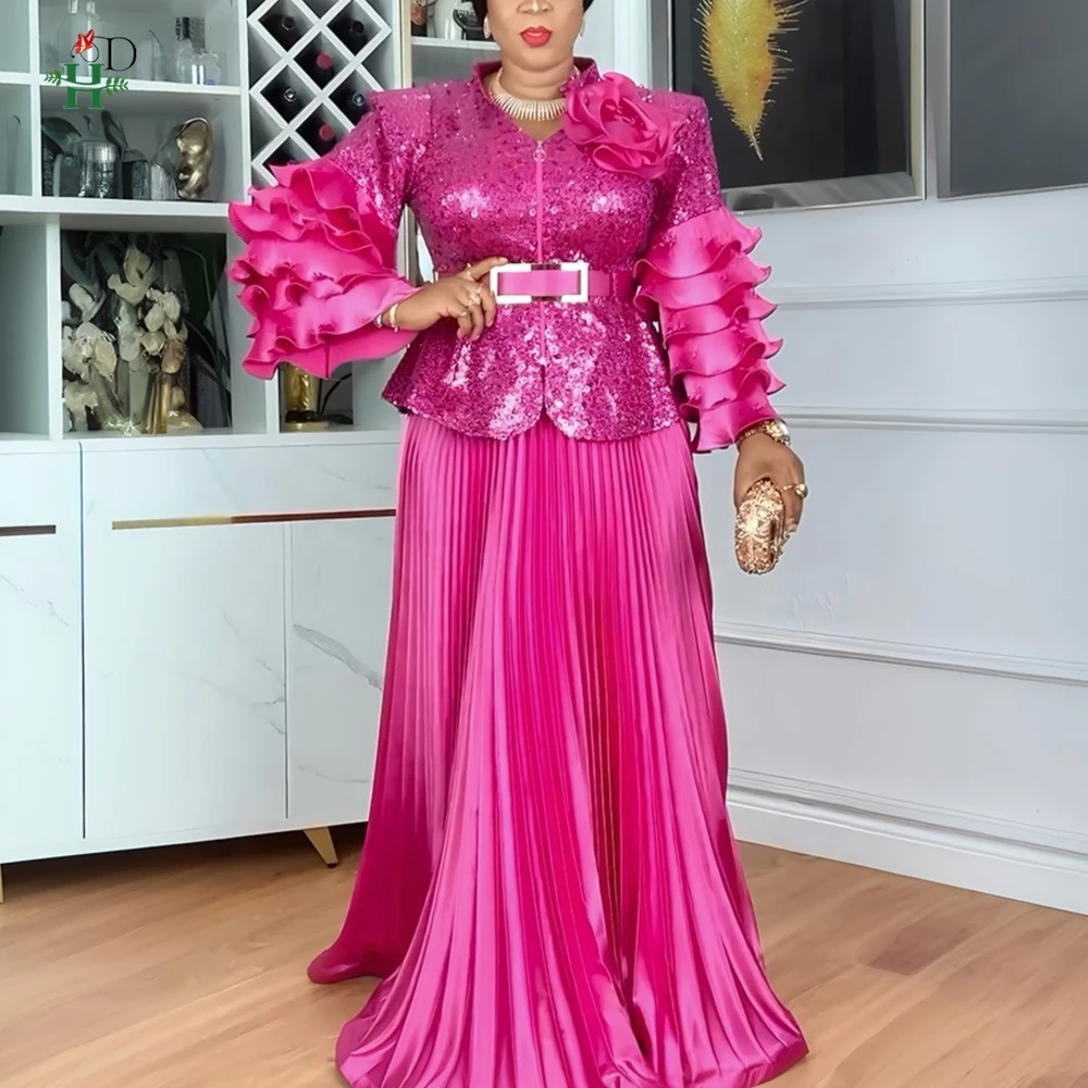 H&D African Dress For Women Turkey Dress Ruffled Sleeves Floral Sequin Jacket with Pleated Maxi Skirt Wedding Party Robe 2026
H&D African Dress For Women Turkey Dress Ruffled Sleeves Floral Sequin Jacket with Pleated Maxi Skirt Wedding Party Robe 2026