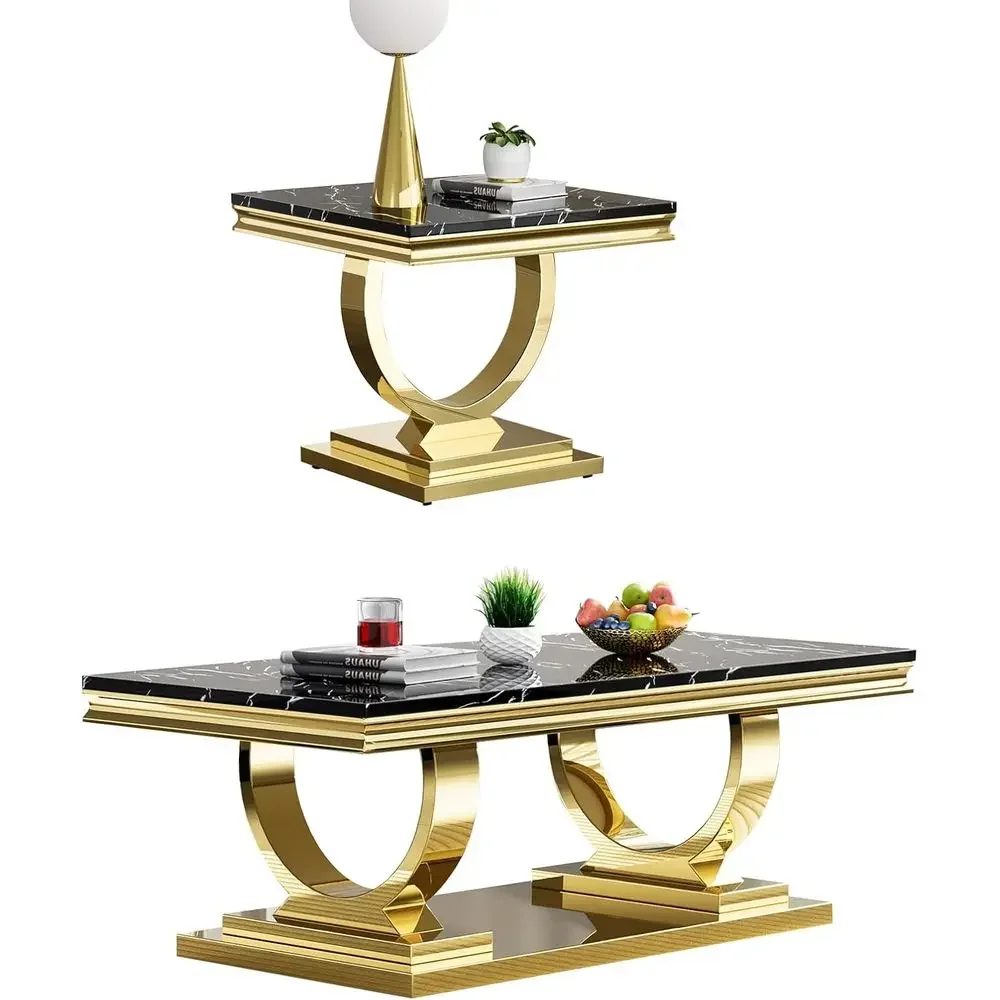 2-Piece Living Room Marble Coffee and End Table Set with Black and Gold Accents
2-Piece Living Room Marble Coffee and End Table Set with Black and Gold Accents