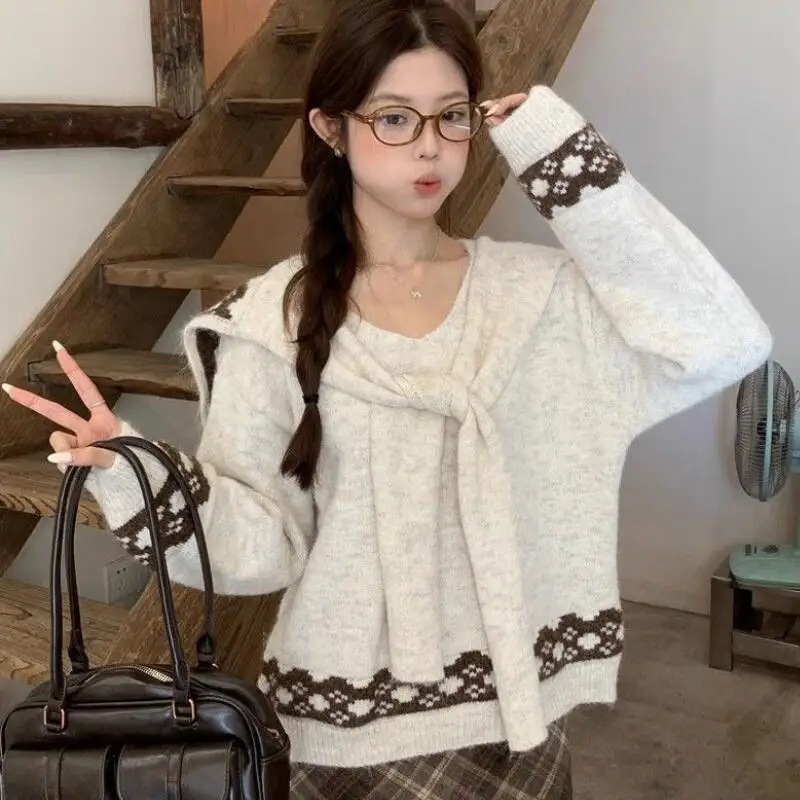 Темно-синий женский свитер с воротником и галстуком-шалью, весна и осень, новый корейский стиль, вязаный свитер с v-образным вырезом и длинными рукавами, комплект из двух предметов, трикотаж
Темно-синий женский свитер с воротником и галстуком-шалью, весна и осень, новый корейский стиль, вязаный свитер с v-образным вырезом и длинными рукавами, комплект из двух предметов, трикотаж