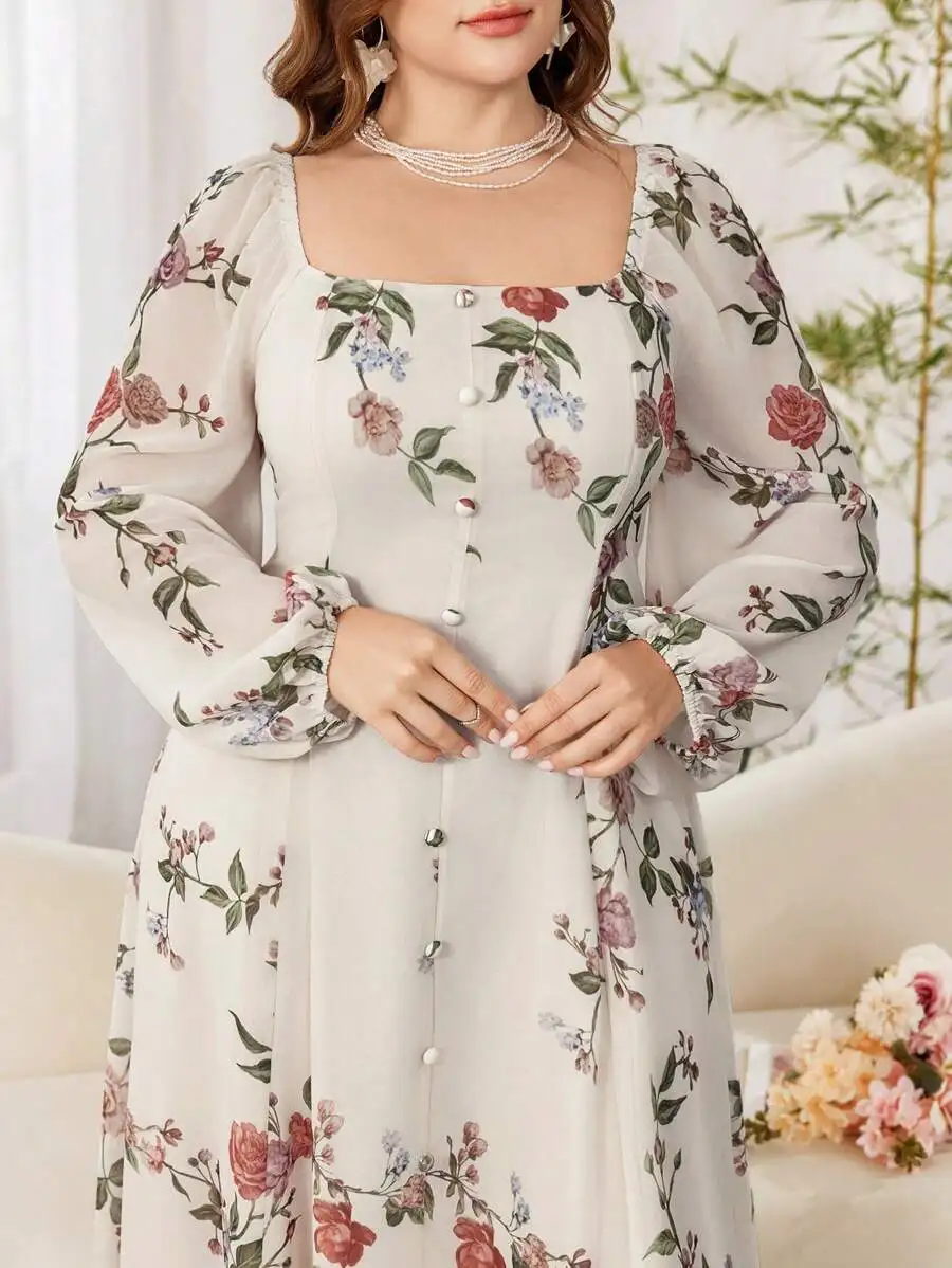 Plus Size Square Neck Lantern Sleeve Flowy Floral Chiffon Dress For Women
Plus Size Square Neck Lantern Sleeve Flowy Floral Chiffon Dress For Women