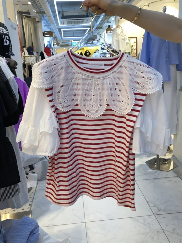 Hollow Lace O-neck T-shirt For Women Striped Contrast Short Sleeve Shirt Tees 2023 Spring Summer New Casual Tops M762
Hollow Lace O-neck T-shirt For Women Striped Contrast Short Sleeve Shirt Tees 2023 Spring Summer New Casual Tops M762