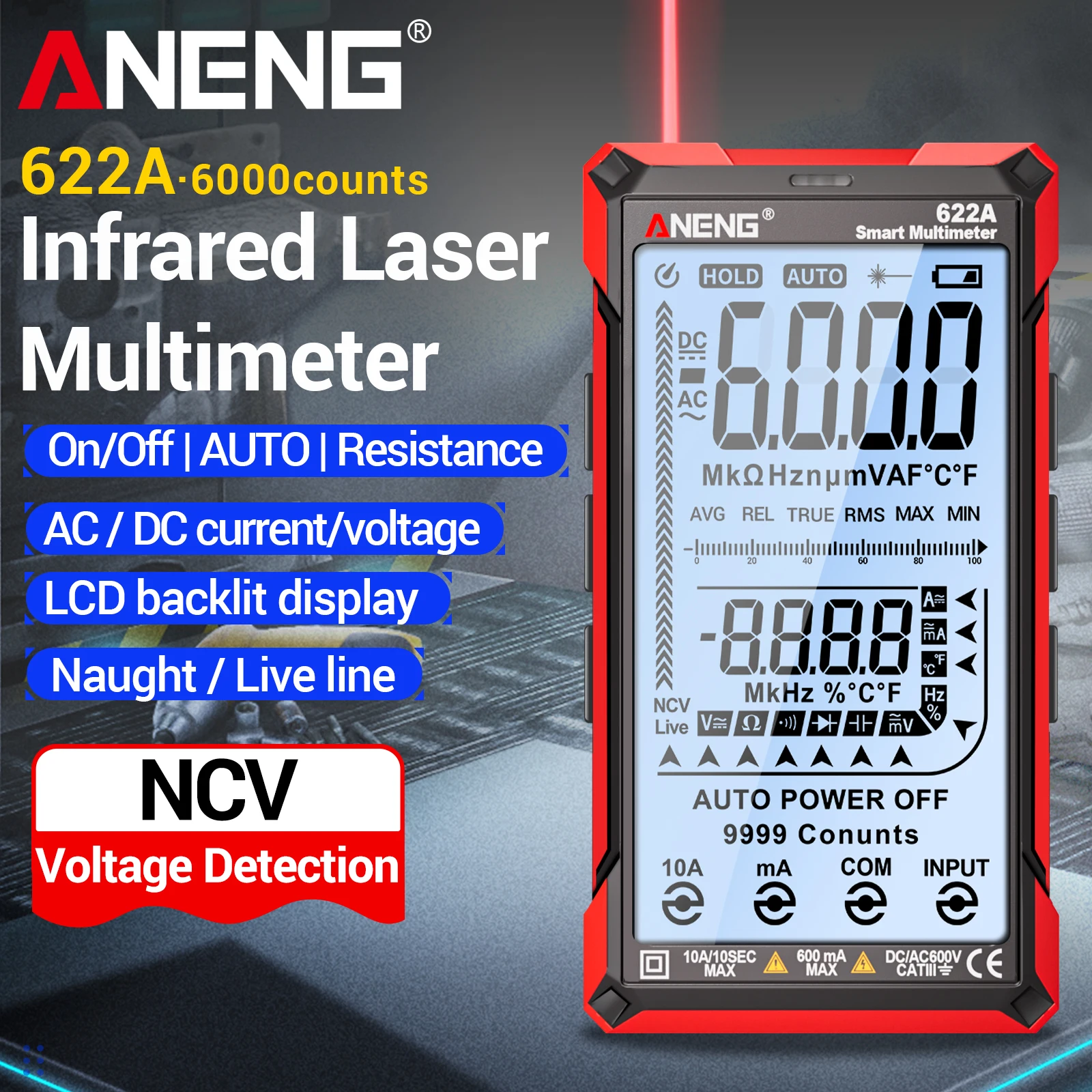 ANENG 622A Smart Multimeter 6000 Counts Infrared Laser Digital Tester with NCV True RMS Auto Range AC/DC Voltage Current Test
ANENG 622A Smart Multimeter 6000 Counts Infrared Laser Digital Tester with NCV True RMS Auto Range AC/DC Voltage Current Test