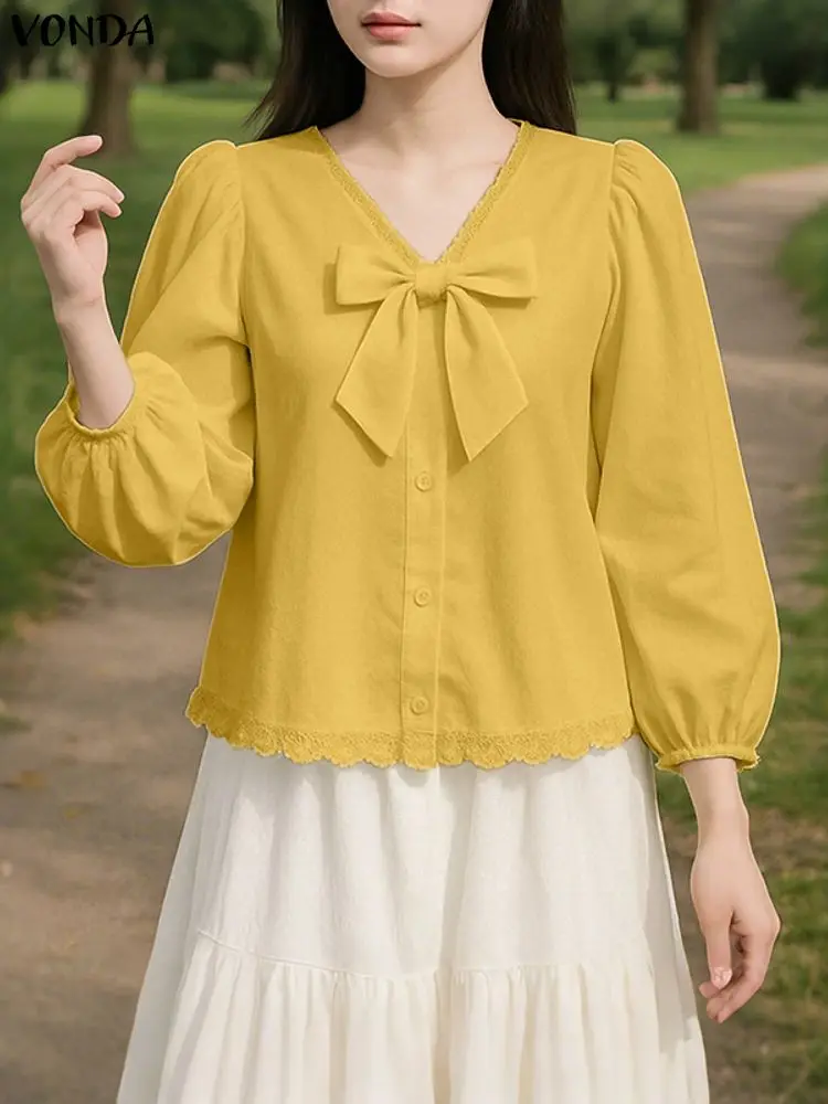 VONDA Stylish Shirts Women Bow V-Neck Elegant Korean Blouse 2025 Autumn Puff Sleeve Buttons Solid Tunic Tops Holiday Blusas
VONDA Stylish Shirts Women Bow V-Neck Elegant Korean Blouse 2025 Autumn Puff Sleeve Buttons Solid Tunic Tops Holiday Blusas