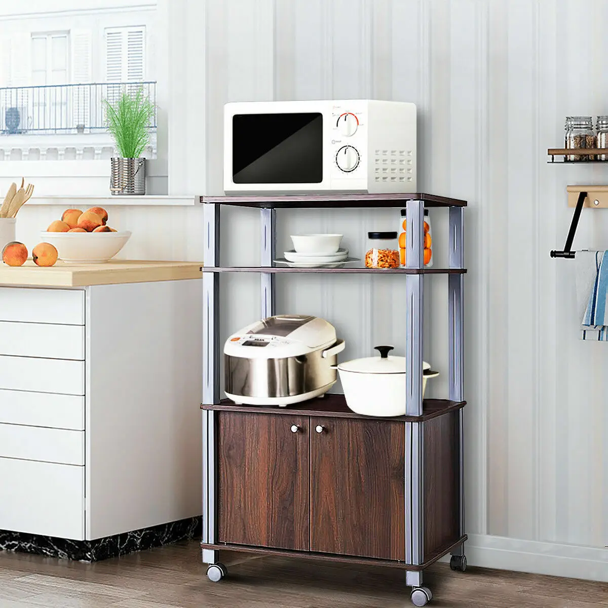 Bakers Rack Microwave Stand Rolling Storage Cart Multi-functional Display Walnut
Bakers Rack Microwave Stand Rolling Storage Cart Multi-functional Display Walnut