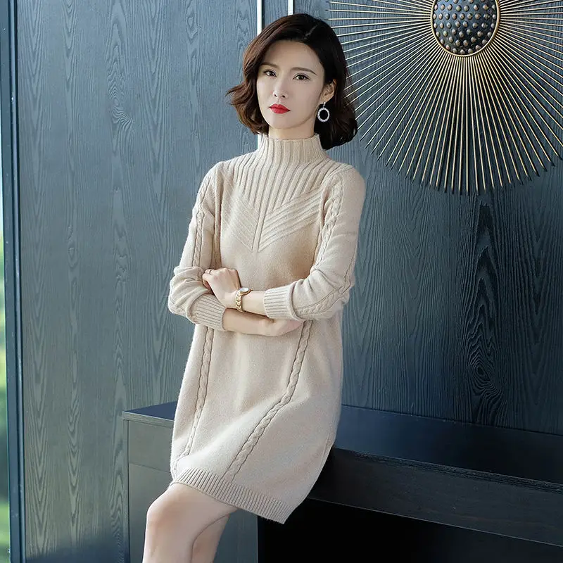 Women's Thicken Warm Wool Dresses 2023 Autumn Winter New Female Loose Pullover Dressses Half High Neck Knitted Bottom Dresses
Women's Thicken Warm Wool Dresses 2023 Autumn Winter New Female Loose Pullover Dressses Half High Neck Knitted Bottom Dresses