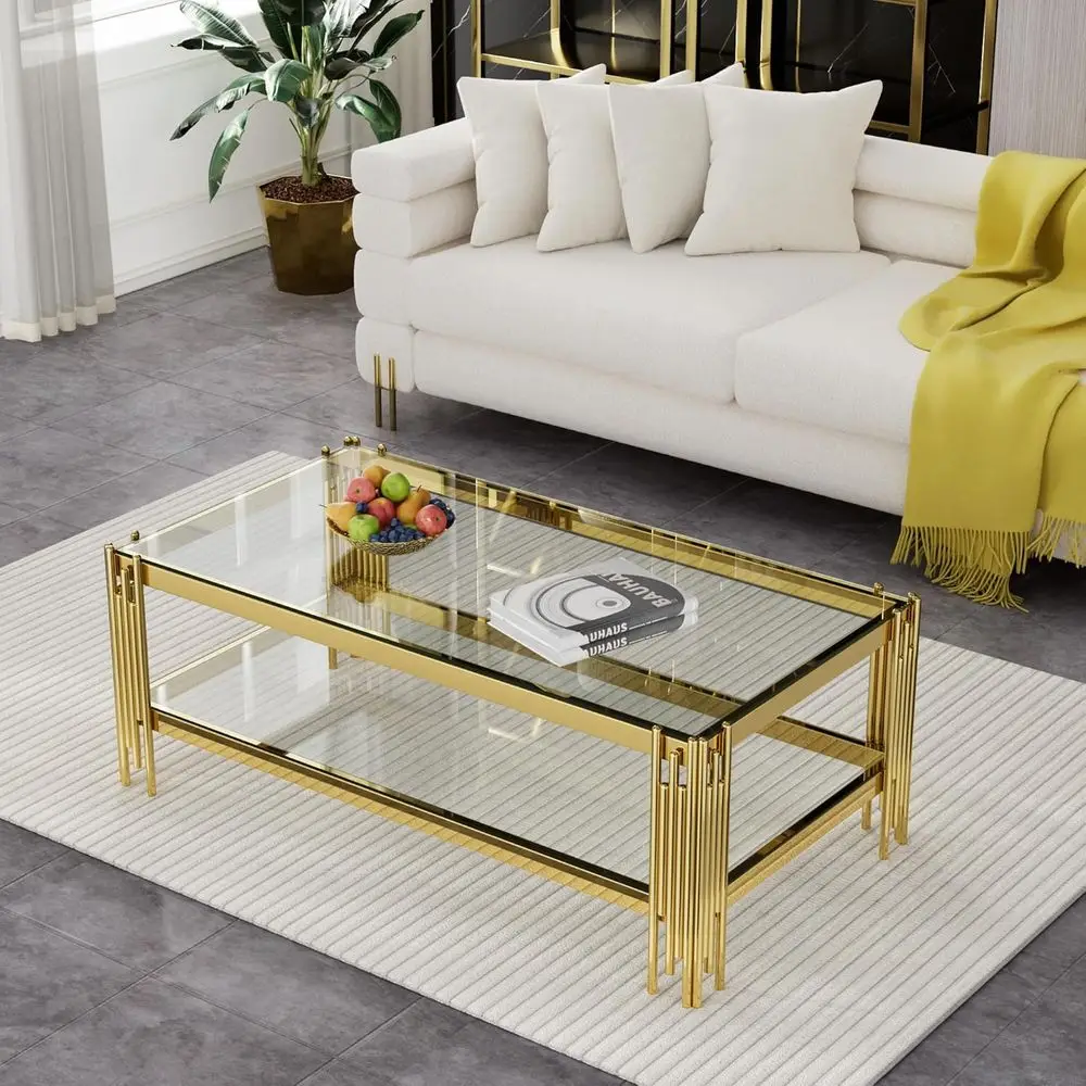 Gold Stainless Steel Leg Coffee Table, 47 Tempered Glass Top, Luxury Rectangular for Living Spaces
Gold Stainless Steel Leg Coffee Table, 47 Tempered Glass Top, Luxury Rectangular for Living Spaces