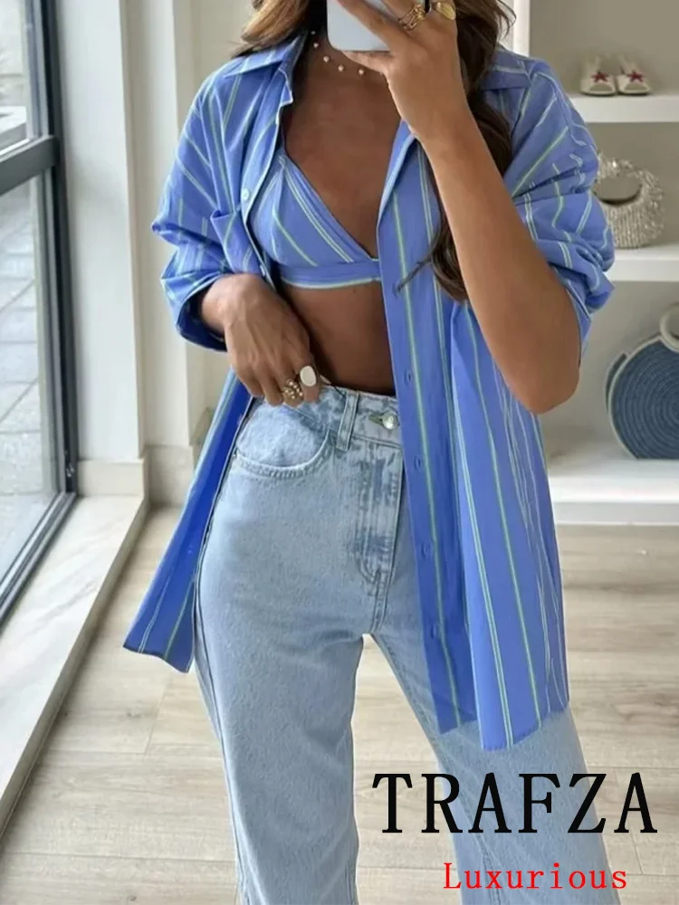TRAFZA Casual Vintage Striped Women Shirts Turn-down Collar Single Breasted Loose Blouse Fashion 2024 Summer Elegant Shirts Tops
TRAFZA Casual Vintage Striped Women Shirts Turn-down Collar Single Breasted Loose Blouse Fashion 2024 Summer Elegant Shirts Tops