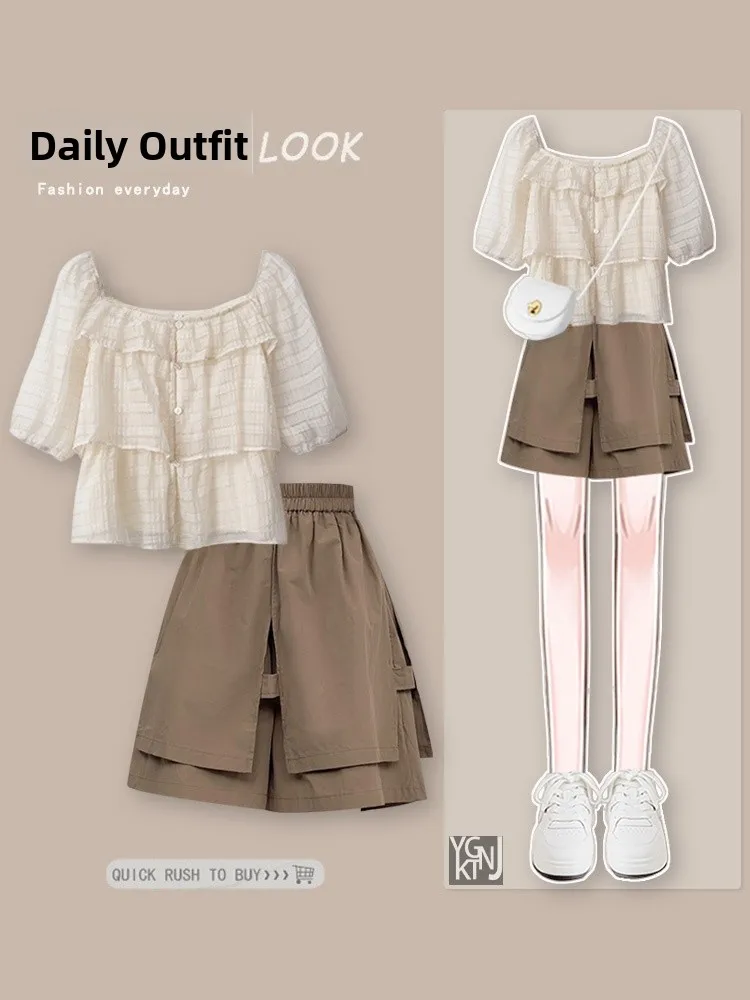 Summer Soft Sle Bubble Sve Square Collar Khaki orts Set Women's Faion Ensemble Gentle Wind Summer New Arrival
Summer Soft Sle Bubble Sve Square Collar Khaki orts Set Women's Faion Ensemble Gentle Wind Summer New Arrival