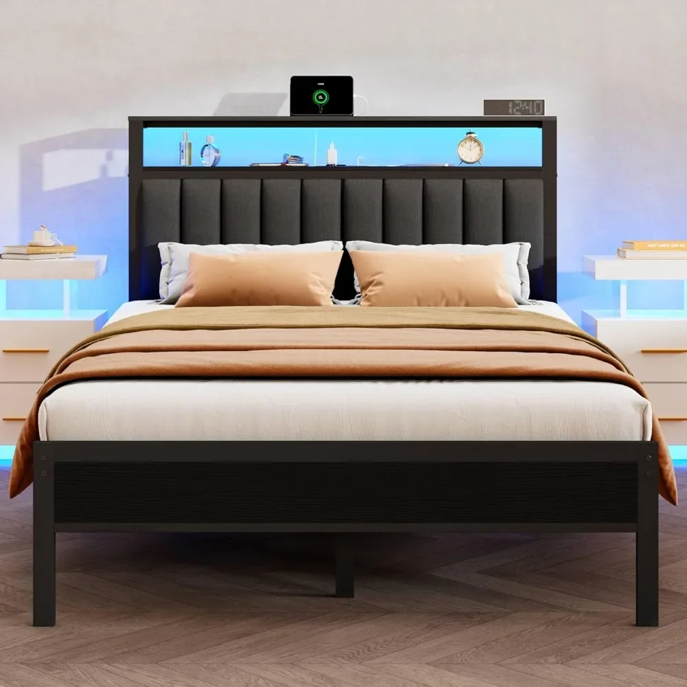 Bed Frame with Charging Station and LED Lights, Bed with Metal Slats, Grey Upholstered Headboard with 2-Tier Storage Shelves
Bed Frame with Charging Station and LED Lights, Bed with Metal Slats, Grey Upholstered Headboard with 2-Tier Storage Shelves
