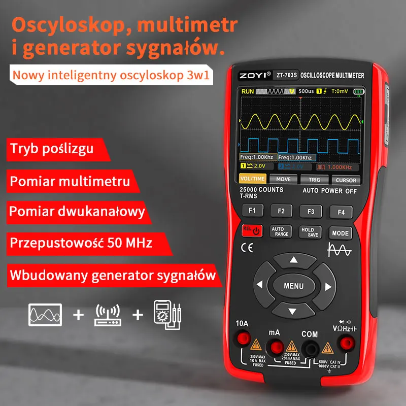ZOYI ZT-703S oscyloskop cyfrowy multimetr True RMS 25000 counts 2x50MHz 280MSa/s generator funkcji 3,5″ wyświetlacz kolorowy IPS
ZOYI ZT-703S oscyloskop cyfrowy multimetr True RMS 25000 counts 2x50MHz 280MSa/s generator funkcji 3,5″ wyświetlacz kolorowy IPS