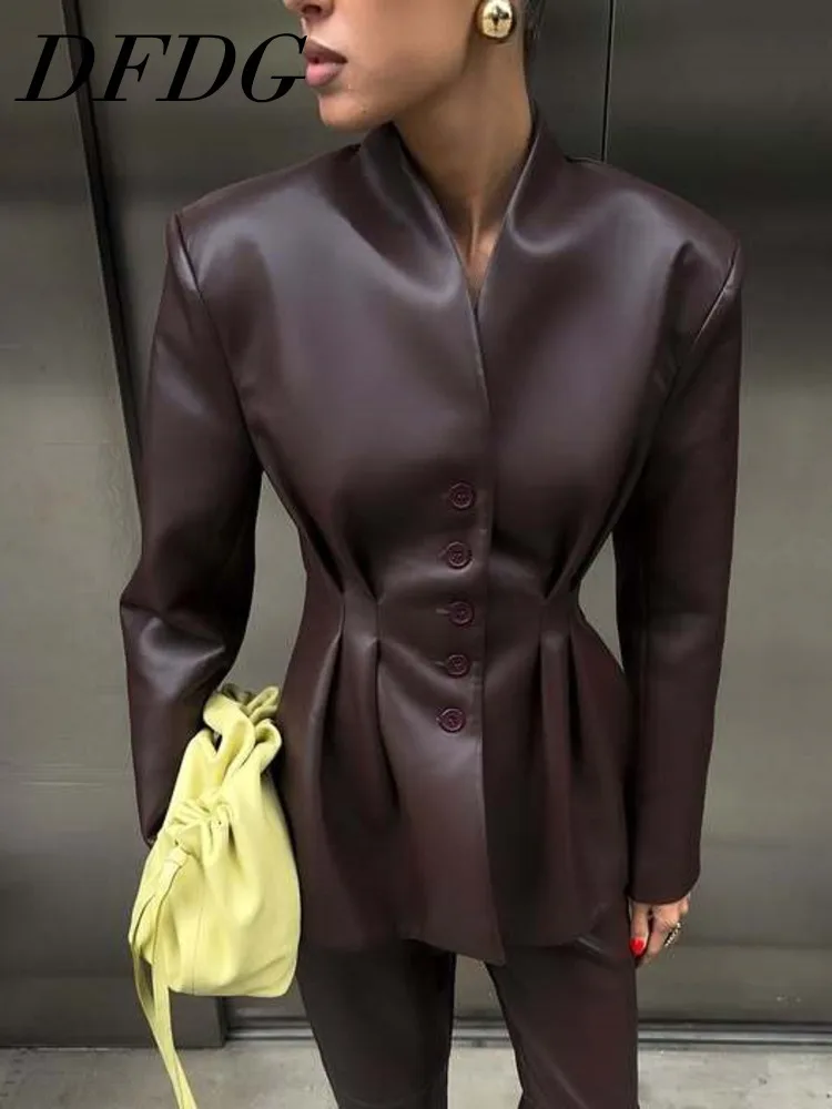 DFDG Women's Spring Summer Mandarin Single Breasted Ruched Fitted Faux Leather Jacket Casual 2026 Trendy Feminine Fashion jacket
DFDG Women's Spring Summer Mandarin Single Breasted Ruched Fitted Faux Leather Jacket Casual 2026 Trendy Feminine Fashion jacket