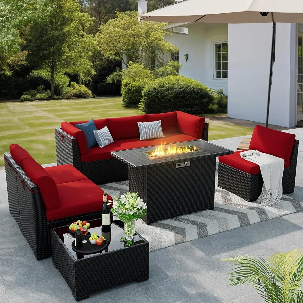 8 Pieces Outdoor Patio Furniture Set with 44" Fire Pit Table Black Rattan Sectional Conversation Sets W/Gas Fire, Customized
8 Pieces Outdoor Patio Furniture Set with 44" Fire Pit Table Black Rattan Sectional Conversation Sets W/Gas Fire, Customized