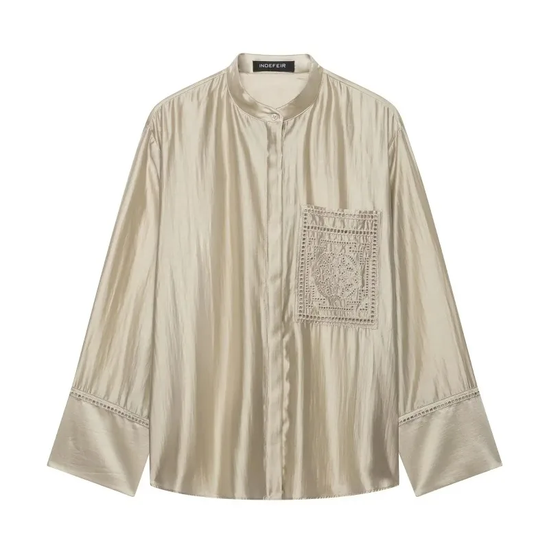 SMVP Elegant Texture Blouse For Women Mandarin Collar Full Open Placket Embroidery Pocket Long Sleeve Loose Fit Commuter Shirt
SMVP Elegant Texture Blouse For Women Mandarin Collar Full Open Placket Embroidery Pocket Long Sleeve Loose Fit Commuter Shirt
