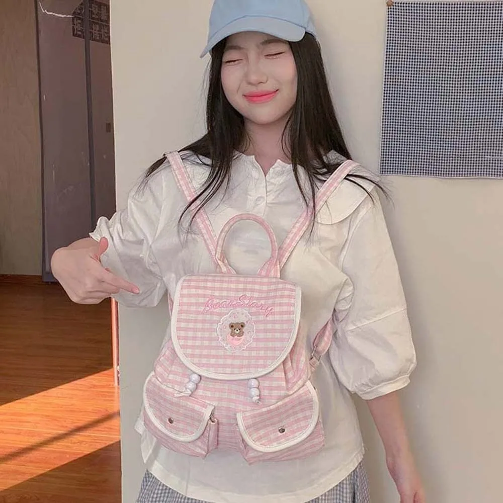 Sweet Bow Backpack Korean Drawstring Scratch Prevention Women Daily School Bag Polyester Flip Up Embroidery Puppy Plaid Daypack
Sweet Bow Backpack Korean Drawstring Scratch Prevention Women Daily School Bag Polyester Flip Up Embroidery Puppy Plaid Daypack