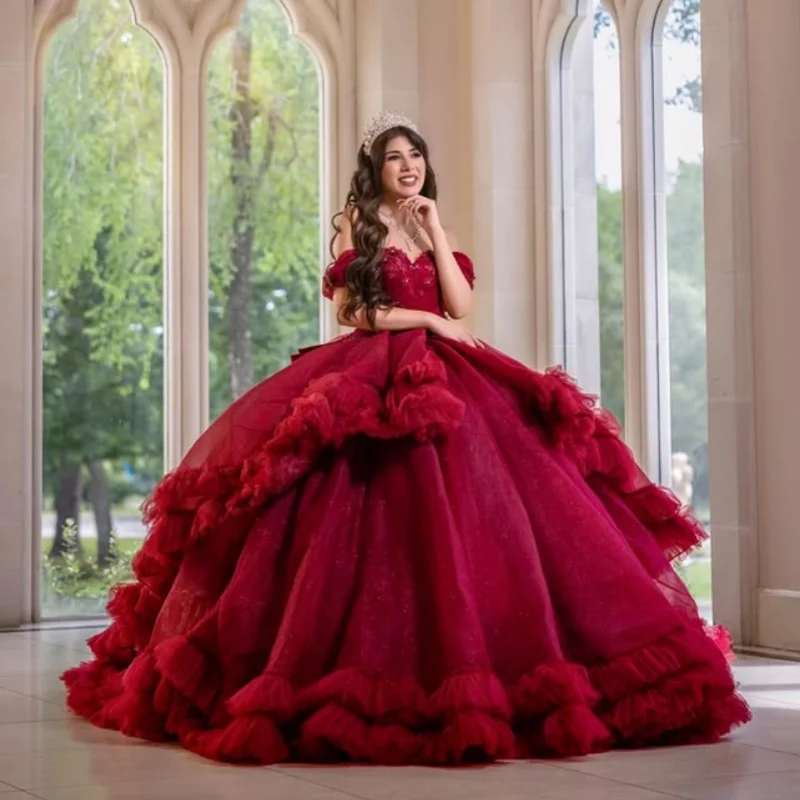 Customized wine red Quinceanera Dresses Off the Shoulder Sequin applique Lace layering Bow Long tail Vestido 15 Quinceanera
Customized wine red Quinceanera Dresses Off the Shoulder Sequin applique Lace layering Bow Long tail Vestido 15 Quinceanera