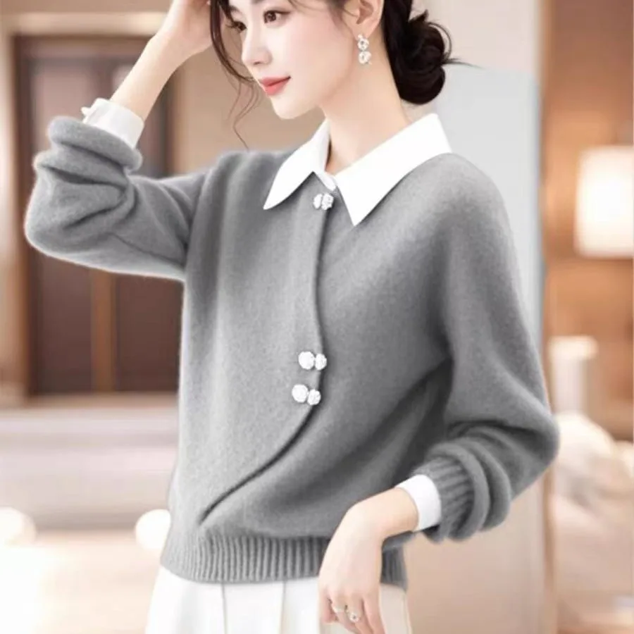 Outlet Store Fake Two-Piece Knitted Sweater Collar Loose Women's Autumn Winter Faion Casual Comfortable Polyester
Outlet Store Fake Two-Piece Knitted Sweater Collar Loose Women's Autumn Winter Faion Casual Comfortable Polyester