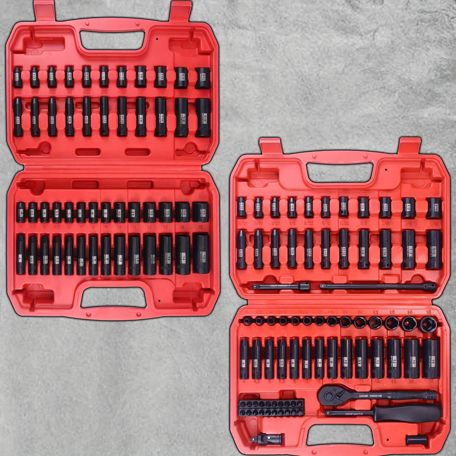 50-Pcs/76-Pcs Imapct Socket Set, 1/4" Inch Driver Set, Shallow And Deep Socket Set, Full Size Sae/Metric, 4-15Mm, 5/32"-9/16", Chrome Vanadium Steel with Black Phosphate Finishing, Tool Set for Home Improvement And Car Repairing
50-Pcs/76-Pcs Imapct Socket Set, 1/4" Inch Driver Set, Shallow And Deep Socket Set, Full Size Sae/Metric, 4-15Mm, 5/32"-9/16", Chrome Vanadium Steel with Black Phosphate Finishing, Tool Set for Home Improvement And Car Repairing