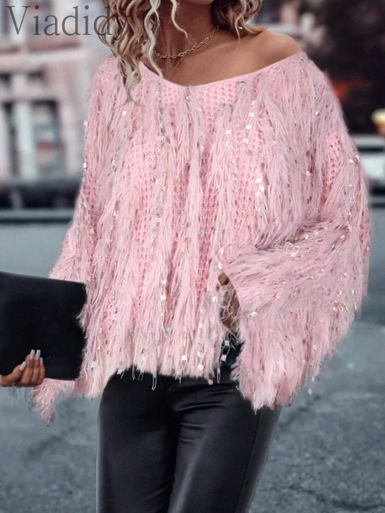 Women Casual Solid Color V Neck Long Sleeve Sequin Decor Sweater Tassel Casual Pullover Sweater
Women Casual Solid Color V Neck Long Sleeve Sequin Decor Sweater Tassel Casual Pullover Sweater