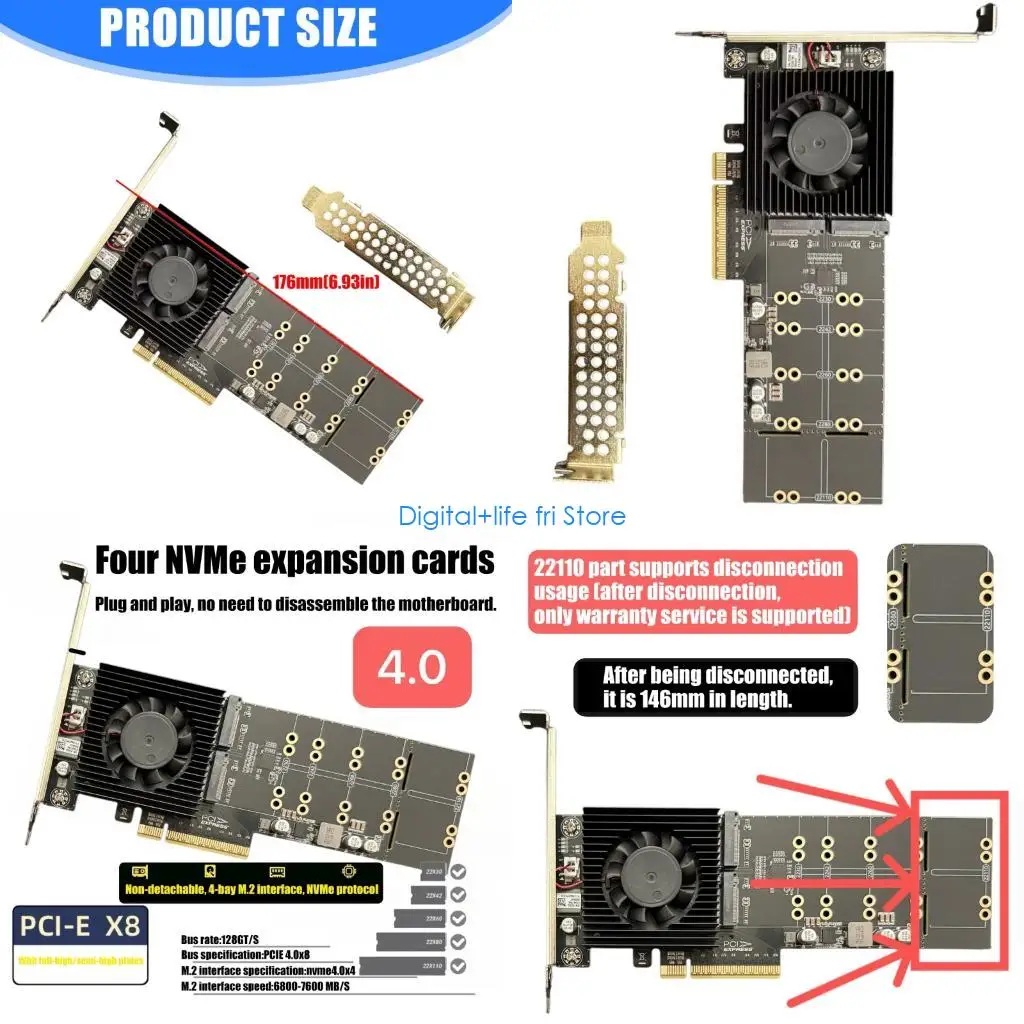 E06D High Performances 4Port M.2 Expansion Card PCIe4.0 X8 Support 4X NVMe SSDs Simultaneous Operation With Cooling System